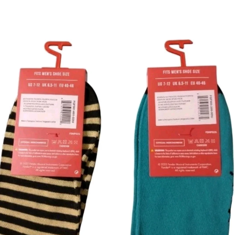 2 Pair Fender Guitar Men's Gold and Black Striped and Teal Socks